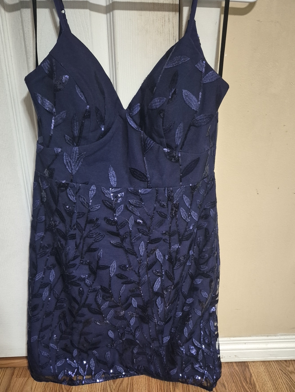 Minuet Petite Navy Sequin Leaf Mini Dress